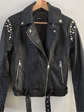 Black Stud-Embellished Faux Leather Moto Jacket
